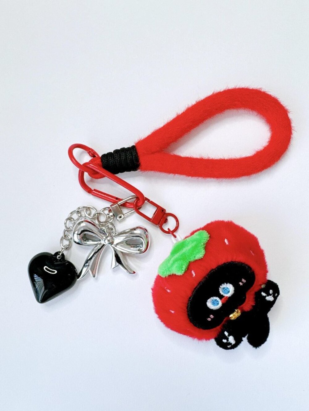 Strawberry Black Cat Plush Keychain Kawaii Kitten Bag Charm Pink Bow Heart
